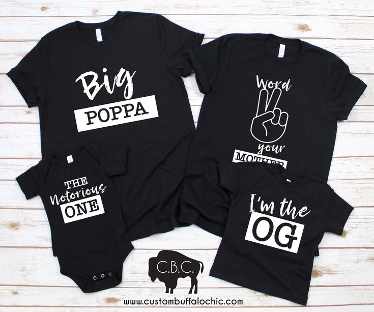 three black shirts with white letters and the words diy poppa, hello baby, rock your hand print on them