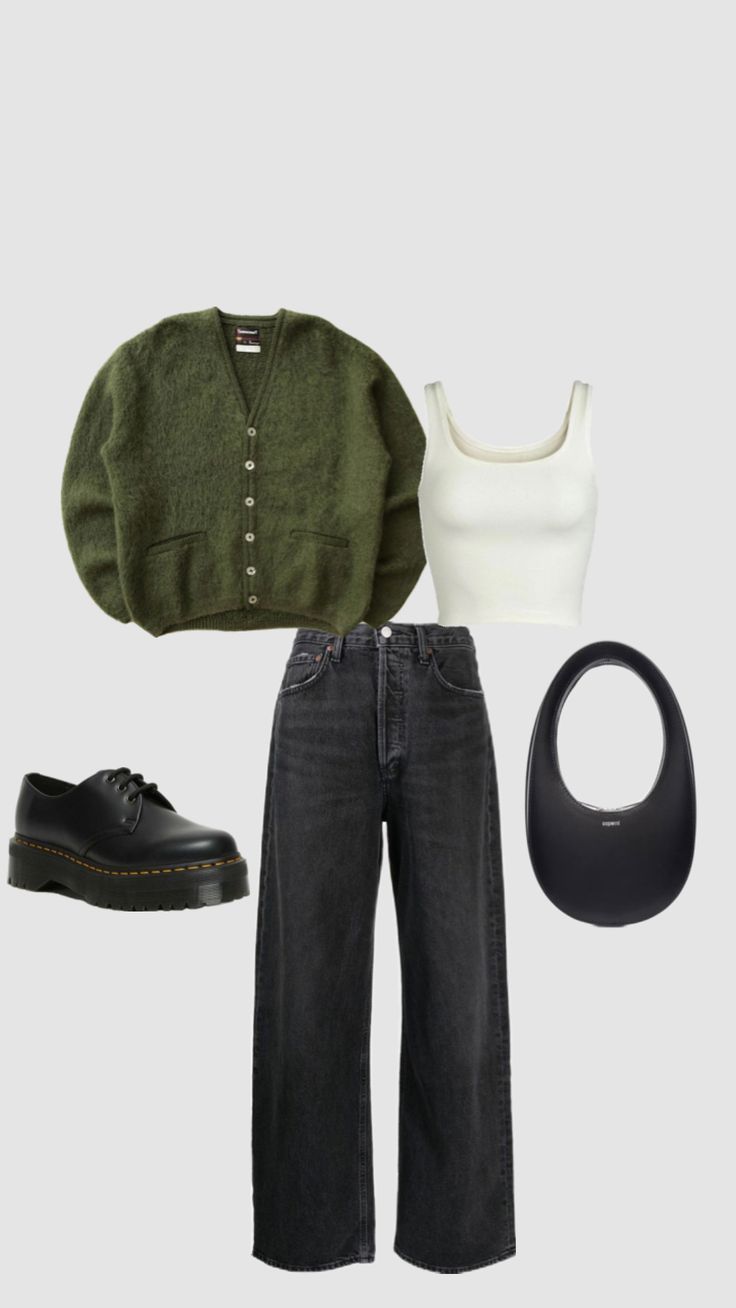 #outfit #outfitinspo #cardigan Green Cardigan Outfit, Cardigan Outfit Aesthetic, Green Sweater Outfit, Cardigan Outfit, Black Jeans Outfit, Uni Outfits, Green Cardigan, Outfit Inspo Fall, Mode Inspiration