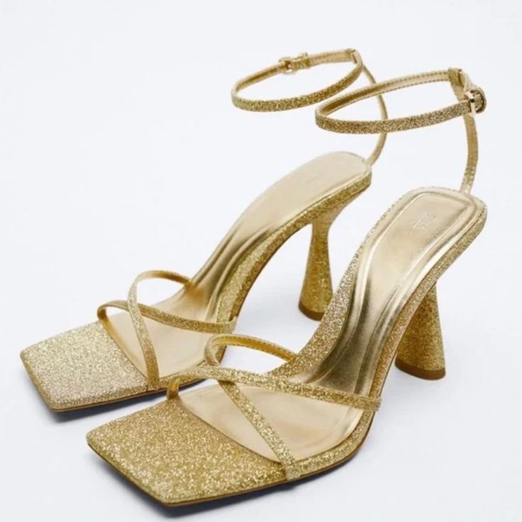 Zara Good Strappy Glitter Heeled Sandals New With Tag In 11 Size Sparkling Synthetic Heels For Summer, Summer Sparkling Synthetic Heels, Sparkling Summer Heels With Round Toe, Sparkling Round Toe Heels For Summer, Gold Ankle Strap Sandals For Party Season, Summer Heels With Glitter Accents And Ankle Strap, High Heel Sandals With Glitter Accents For Summer, Summer Open Toe Heels With Glitter Accents, Summer Heels With Ankle Strap And Glitter Accents