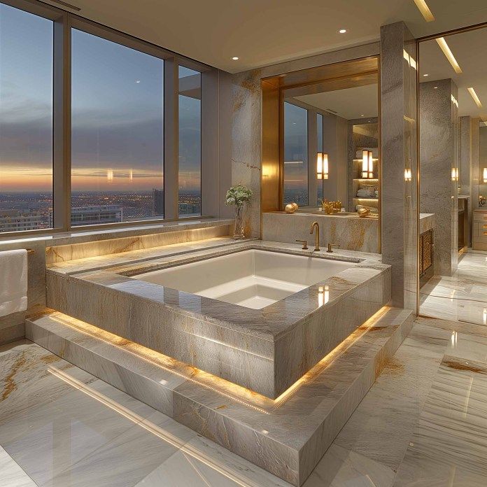 a bathroom with a large bathtub in the middle of it's floor to ceiling windows