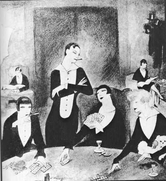 an old black and white drawing of people playing cards