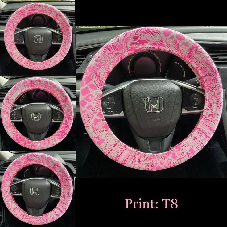 the steering wheel cover is decorated with pink and white designs on it's sides