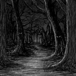 a black and white drawing of a path in the woods with trees on either side