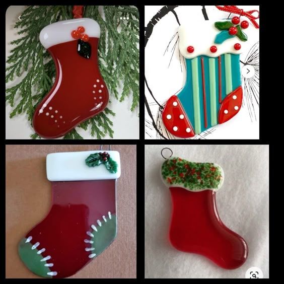 four different christmas ornaments are hanging on the wall and decorated with red, green and white stocking