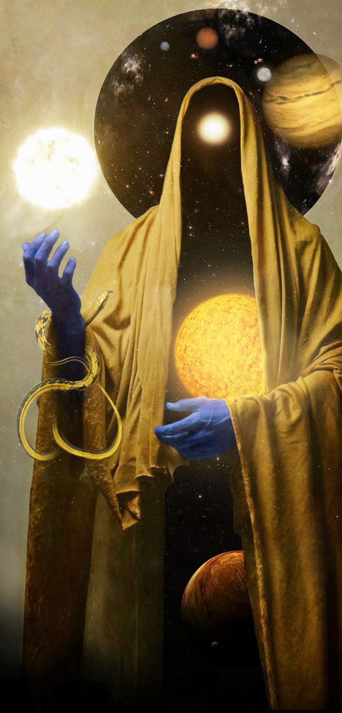 a man with blue hands holding a yellow object in front of him and planets behind him