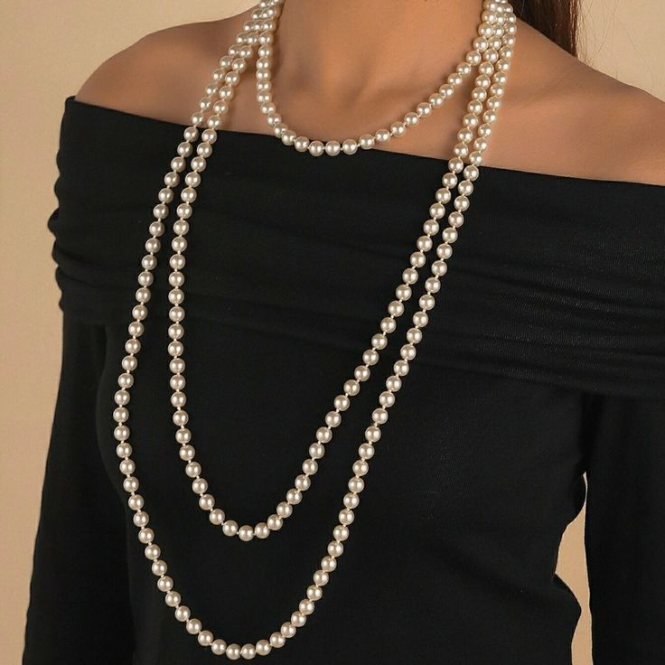 High Quality - Well Made - Heavy - Long - Faux Pearl Necklace Elegant Classy Stylish Sophisticated Simplistic - Beauty Weighted (Not Plastic) \ Has Good Weight To It ~ Possibly: Glass (?) ( A Very Beautiful & Nicely Made Necklace ) ~ I Do - Wear One Of These Myself Long Pearl Necklace Outfit, Busy Mom Outfits, Outfit With Pearls, Pearl Necklace Outfit, Lock Charm Necklace, Necklace Outfit, Long Pearl Necklaces, Faux Pearl Necklace, Necklace Sizes