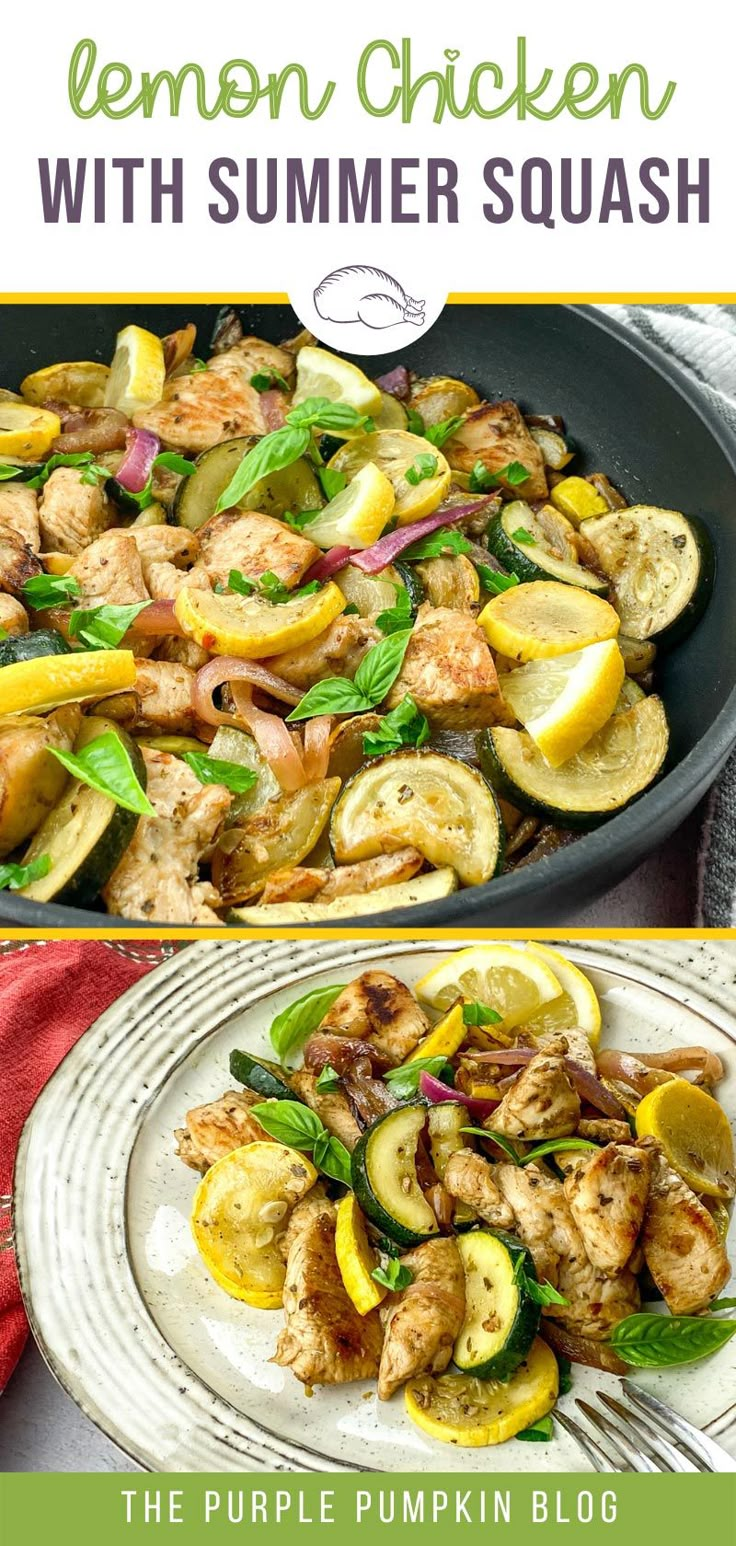 lemon chicken with summer squash and zucchini in a skillet on a white plate