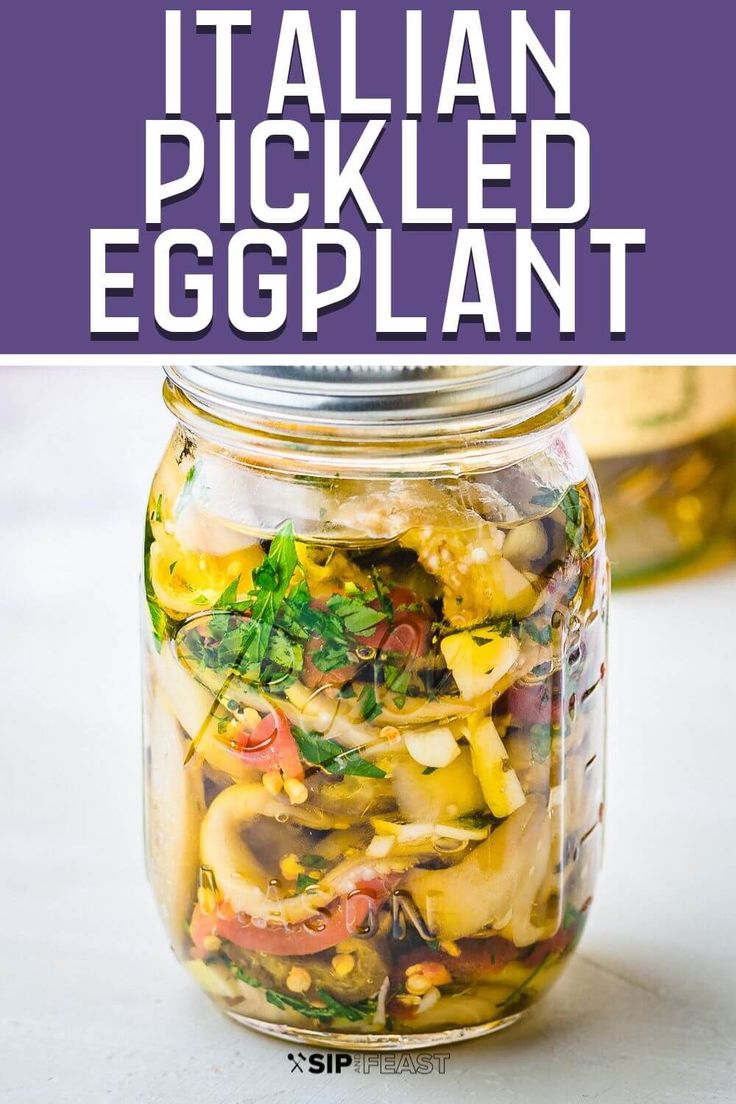 an italian pickled eggplant in a mason jar with the title overlay