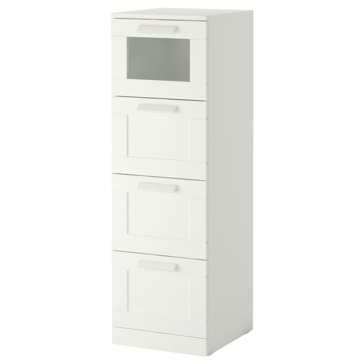 a tall white cabinet with drawers on each side