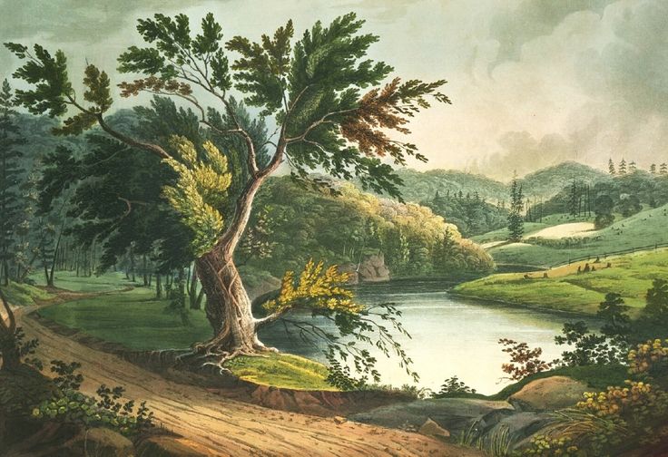 a painting of a river with trees and hills in the background