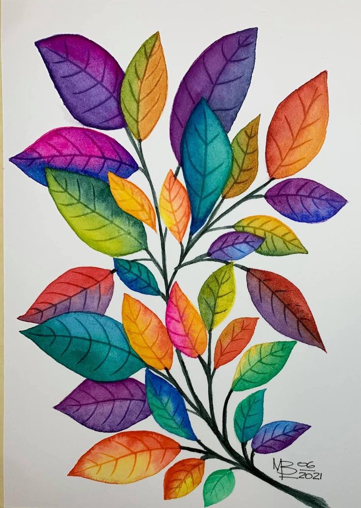 a painting of colorful leaves on a white paper with watercolor pencils in it