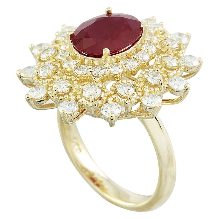 Stamped: 14K Total Ring Weight: 7.5 Grams Ruby Weight 2.36 Carat (10.00x8.00 Millimeters)Diamond Weight: 1.60 carat (F-G Color, VS2-SI1 Clarity )Face Measures: 24.40x23.75 Millimeter SKU: [600817] Luxury 14k Gold Ruby Ring With Brilliant Cut, Exquisite Yellow Gold Ruby Ring, Luxury 22k Gold Ruby Ring, Exquisite Luxury Multi-stone Ruby Ring, Luxury Multi-stone Ruby Ring In 14k Gold, Yellow Gold Diamond Ring, Gold Diamond Ring, Gold Diamond Rings, Gold Diamond