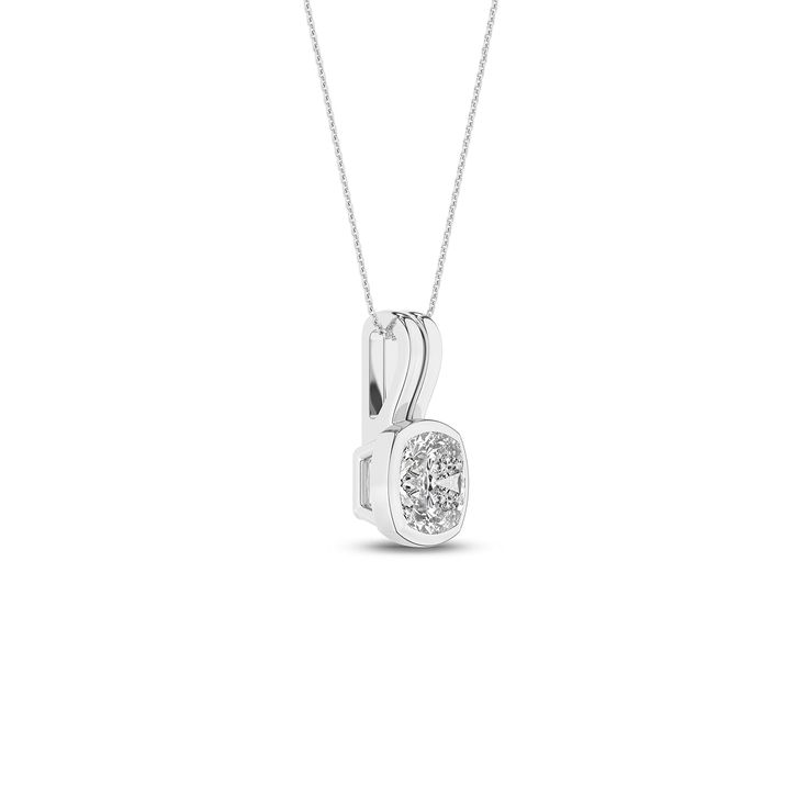 Enhance your elegance with our Coupled Cushion Bezel Necklace, a testament to sophistication and modern design. This exquisite diamond pendant necklace features a bezel-set, lab-grown cushion-cut diamond, radiating brilliance and clarity. Crafted with precision, the necklace boasts a unique double bail design, where two parallel bars elegantly cradle the diamond. The bars can be a combination of lustrous white and rose gold or white and yellow gold. This design not only enhances the beauty of th Fine Jewelry Solitaire Square Pendant Necklace For Anniversary, Square Pendant Diamond Necklace With Prong Setting, Square Pendant Solitaire Necklace With Diamond Accents, Classic Diamond Square Pendant Jewelry, Diamond Solitaire Necklace With Square Pendant For Anniversary, Elegant Diamond Necklace With Square Pendant Accents, Modern Cushion Cut White Gold Jewelry, Anniversary Solitaire Necklace With Square Pendant And Diamond Accents, Anniversary Solitaire Necklace With Square Pendant