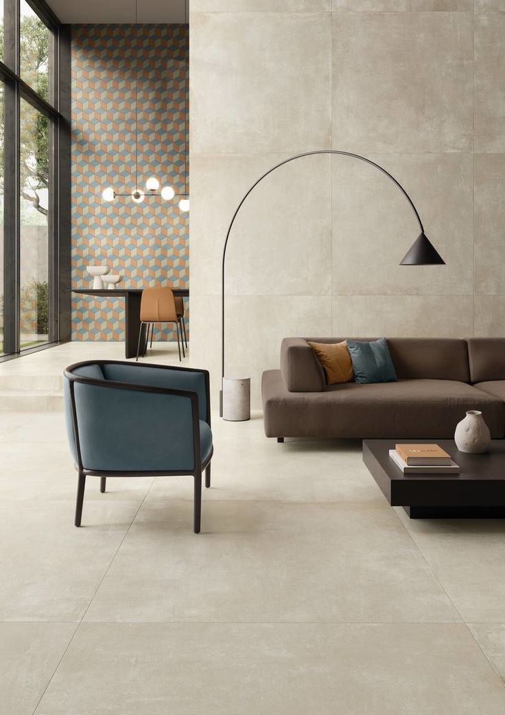 a modern living room with beige walls and flooring