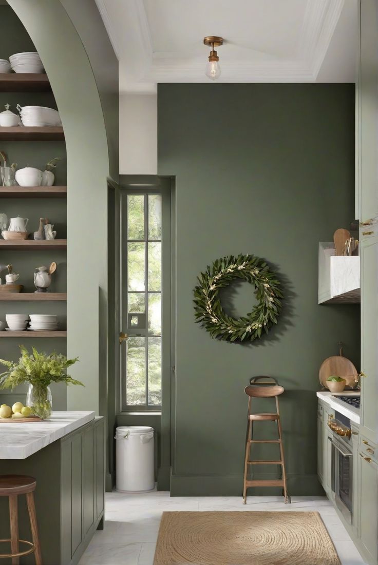 a kitchen with green walls and wooden shelves, white counter tops, and a wreath hanging on the wall