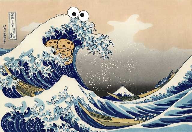 an image of the great wave with googly eyes