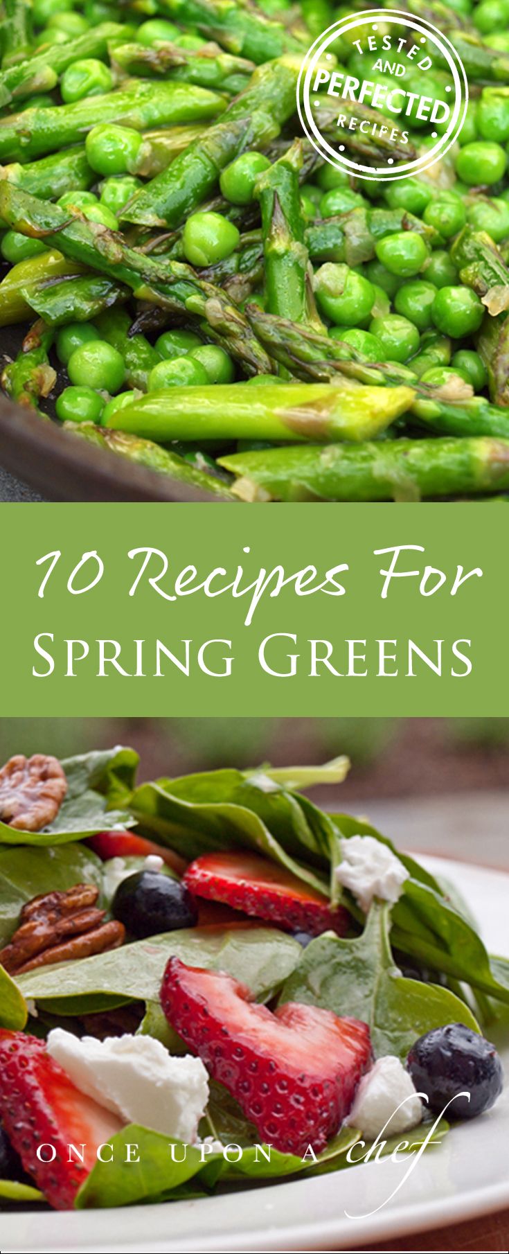 green beans and strawberries in a white plate with text overlay that reads 10 recipes for spring greens