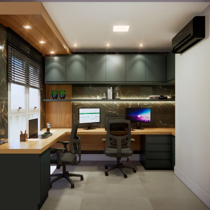 an office area with two desks, chairs and a computer monitor on the wall