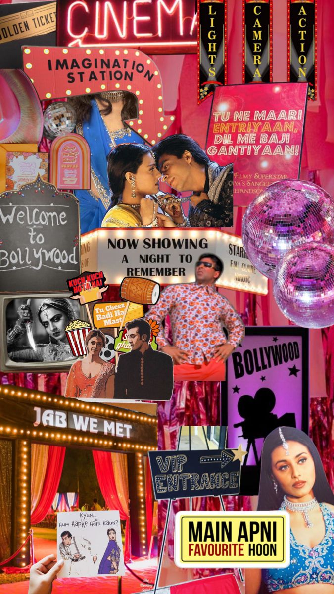 a collage of movie posters and neon signs in red, pink, blue, yellow, black and white