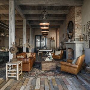 a living room filled with furniture and a fire place in the middle of an open floor plan