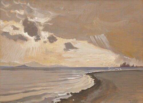 an oil painting of the ocean with clouds in the sky and sand on the beach