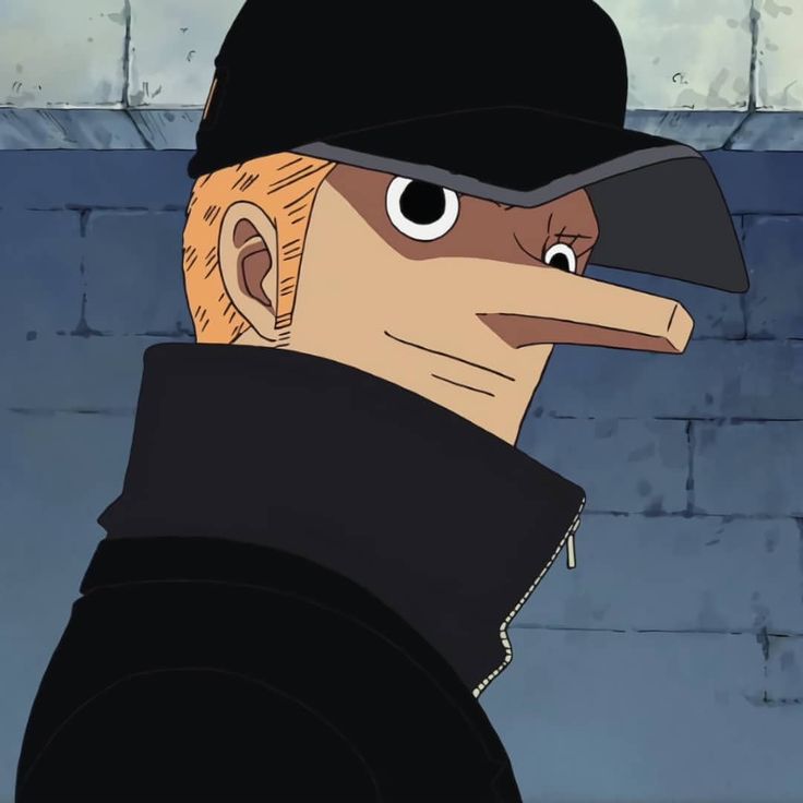 an animated image of a man in a black hat and coat with big eyes looking at the camera