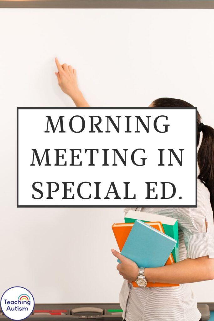 a woman is holding a sign that says morning meeting in special ed on the wall