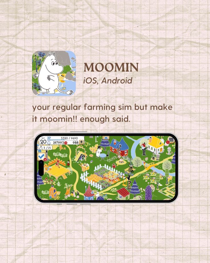 the moomin app is displayed on a cell phone with an image of a farm