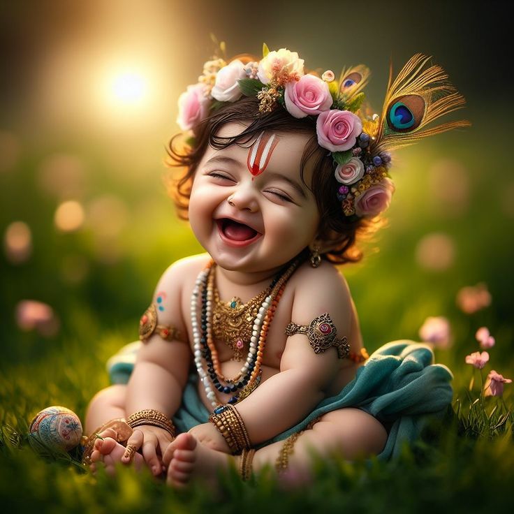 a baby sitting in the grass with flowers on her head and beads around her neck