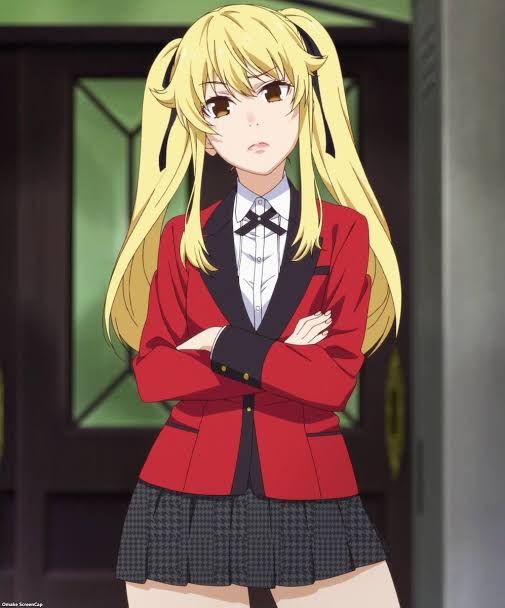 a blonde haired girl in a red blazer and black skirt with her arms crossed