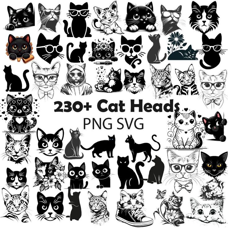 a large collection of cats with glasses on their faces and the words 209 + cat heads png svg