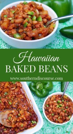 two bowls filled with baked beans next to green peppers and jalapeno peppers