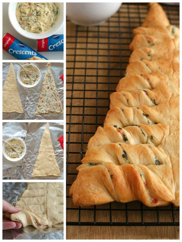 there are several pictures showing how to make christmas trees out of bread and dips