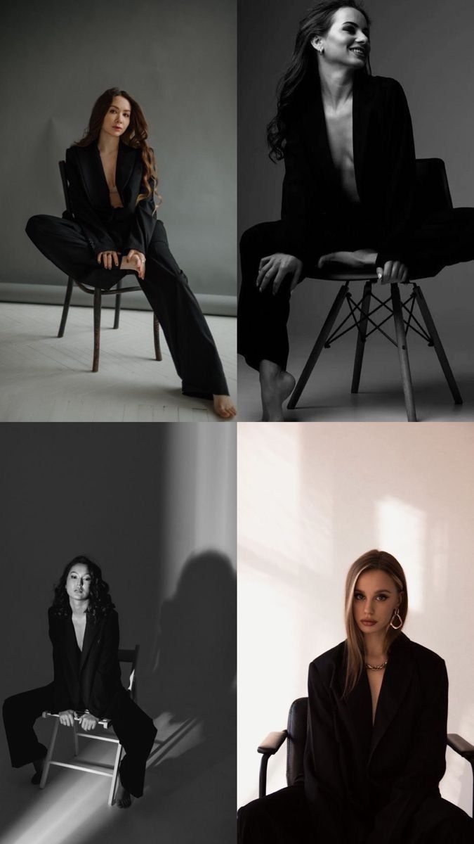 four photos of women in black outfits sitting on chairs and posing for the same photo