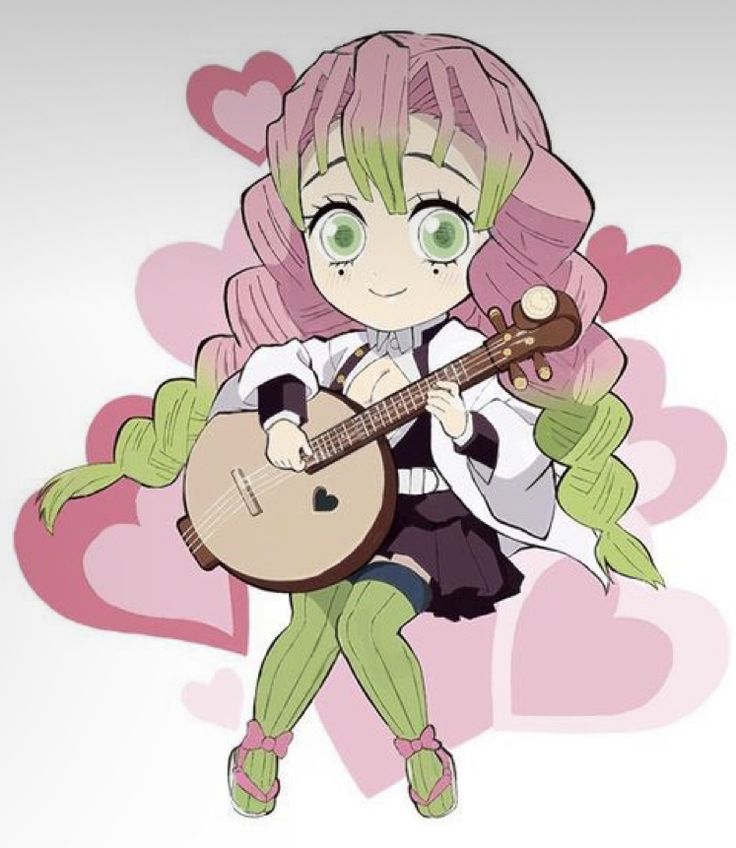 a girl with pink hair holding a guitar and wearing green pants, white shirt and black shoes