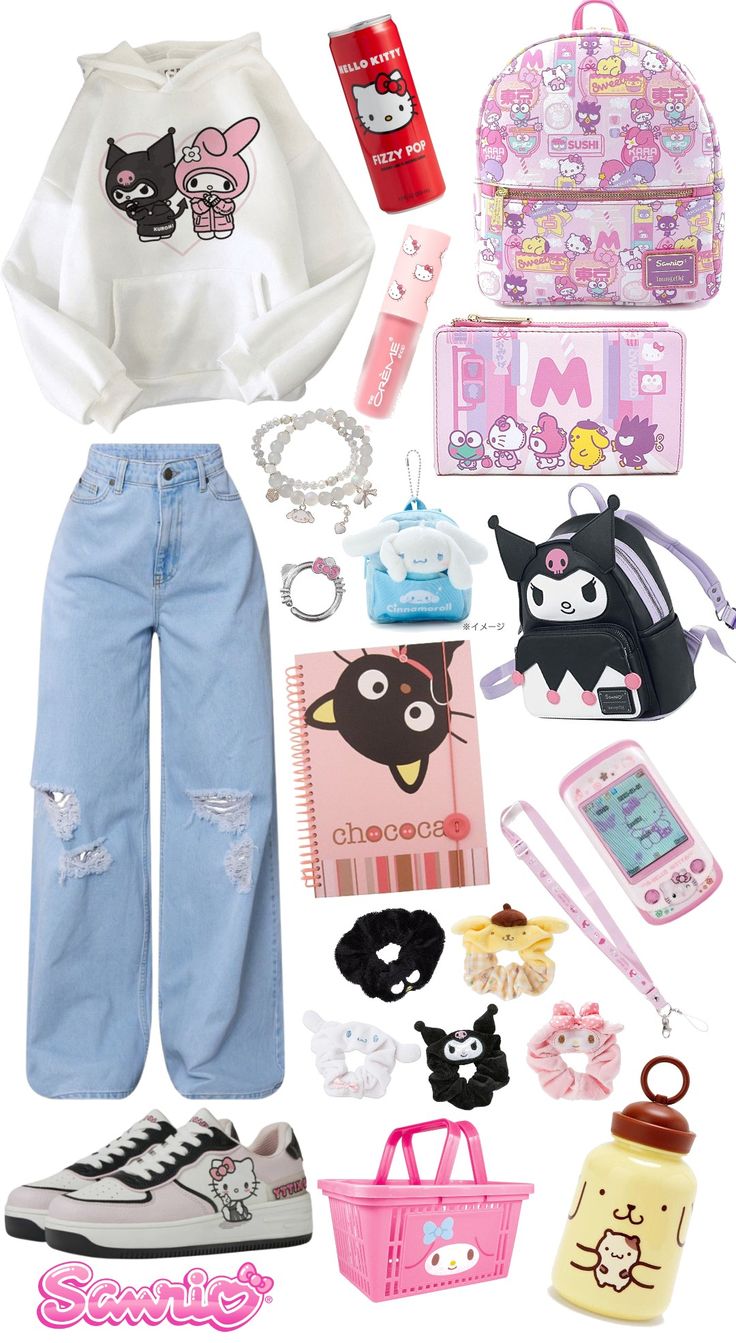 Cute Hello Kitty Outfits, Kuromi Outfit Aesthetic, Sanrio Inspired Outfit, Cute Core Outfits, Kuromi Inspired Outfit, Sanrio Outfit Aesthetic, Sanrio Fits, Baret Outfit, Kuromi Pink