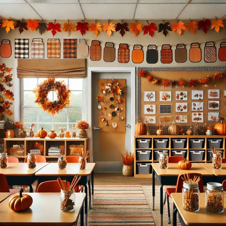 an autumn classroom decorated with pumpkins, leaves and mason jars on the wall above desks