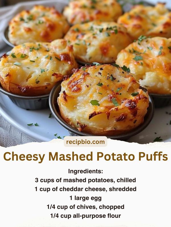 an advertisement for cheesy mashed potato puffs on a plate