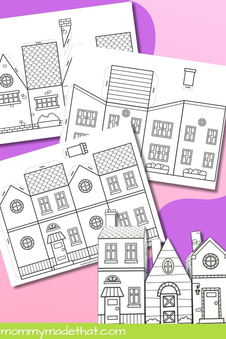 the printable house coloring page is shown in three different colors and sizes, including one with