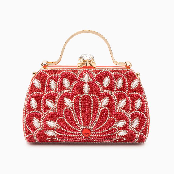 Red Luxury Embellished Red Bags, Luxury Red Embellished Bag, Red Embellished Rectangular Bag, Red Embellished Evening Bag, Red Embellished Bag For Formal Occasions, Elegant Red Embellished Evening Bag, Formal Red Embellished Bag, Red Embellished Clutch For Formal Occasions, Glamorous Red Embellished Bag