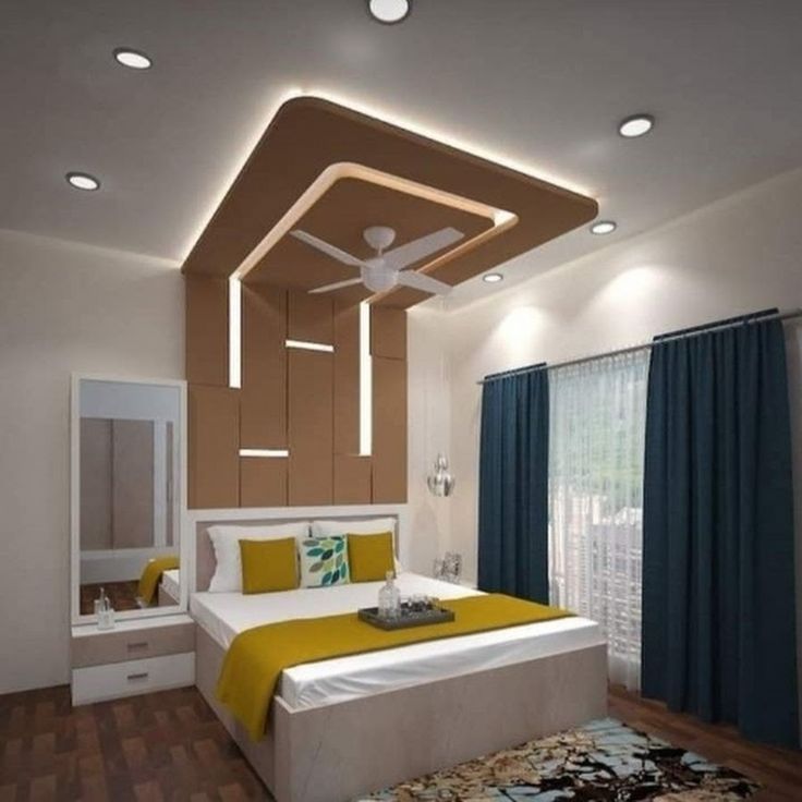 a bed room with a neatly made bed and a ceiling fan in the middle of it