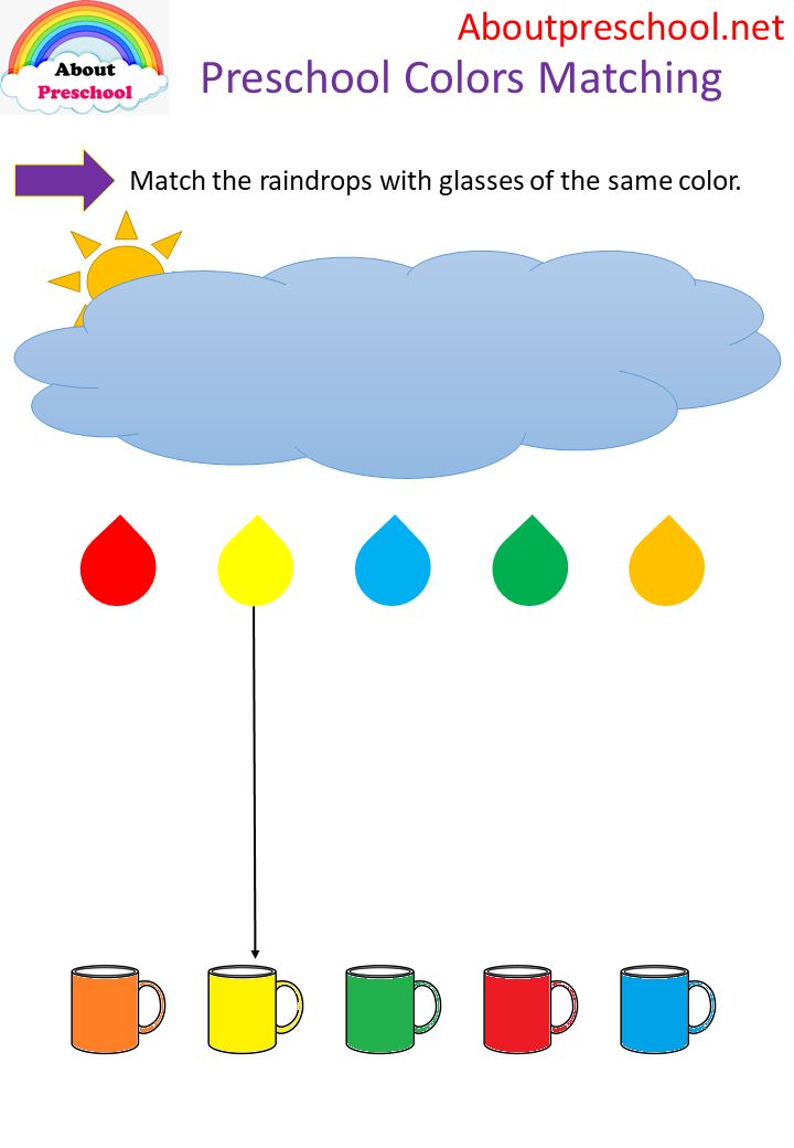 an image of a cloud with rainbows and coffee mugs on it, as well as the words preschool colors matching