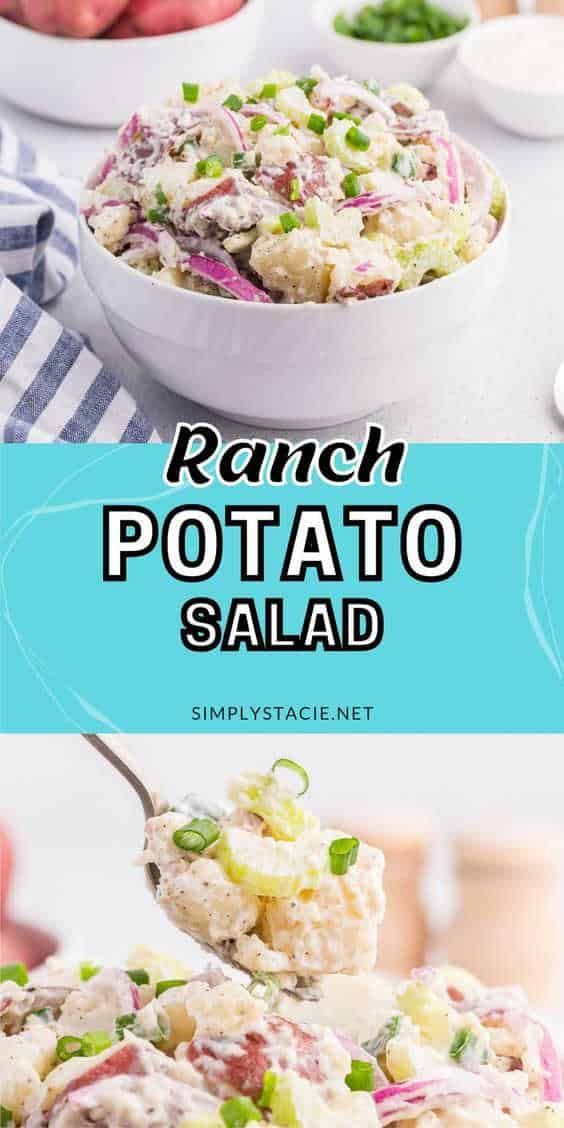 potato salad with ranch dressing in a white bowl on a blue and white striped tablecloth