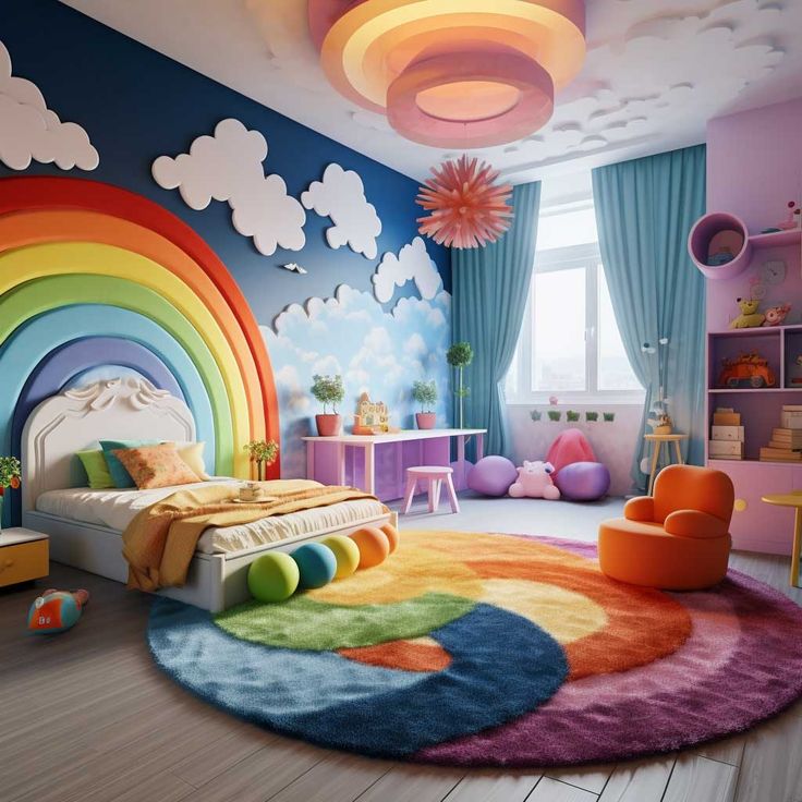 a child's bedroom decorated in rainbows and clouds, with colorful rugs on the floor