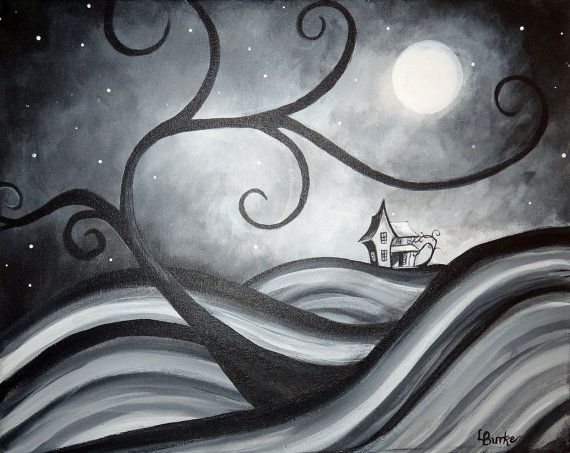 a painting of a house in the middle of waves with a full moon behind it