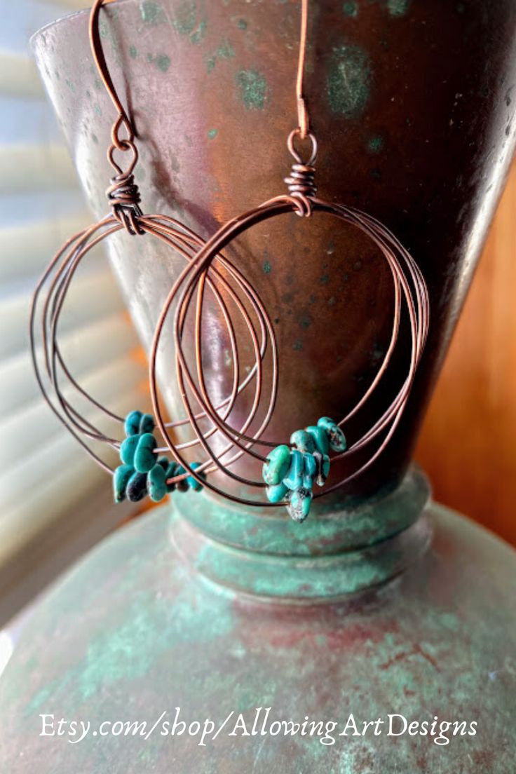 Wire Hoops Diy, Handmade Hoop Earrings Ideas, Diy Turquoise Earrings, Wire Jewelry With Beads, Wire Wrapped Bead Earrings, Wire Hoop Earrings Diy, Bead And Wire Earrings, Wire Wrapped Hoop Earrings, Wire Wrapped Earrings Diy