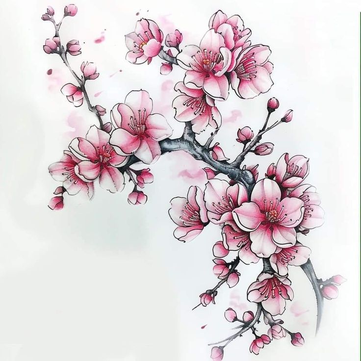 a painting of pink flowers on a white background