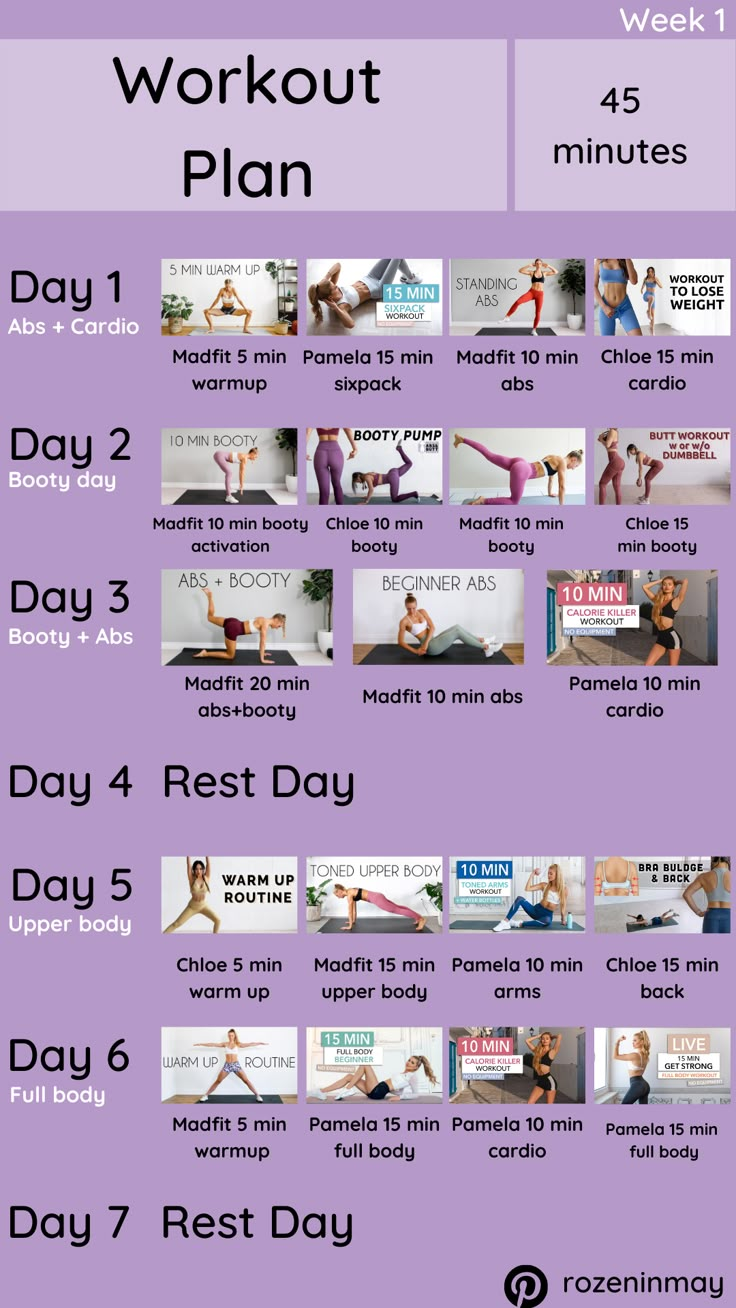 the workout plan is shown in purple and white, with images of women doing different exercises