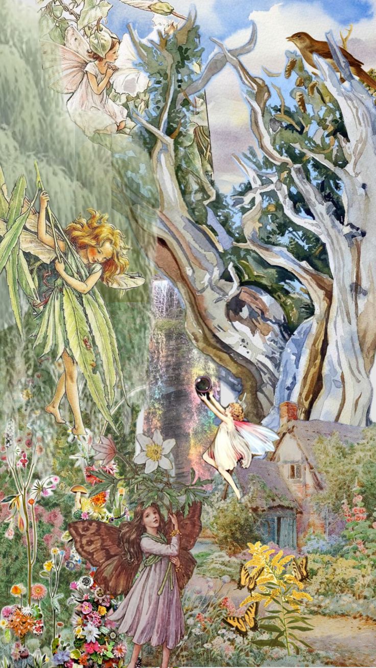 an image of fairy land with many different types of flowers and people in the background