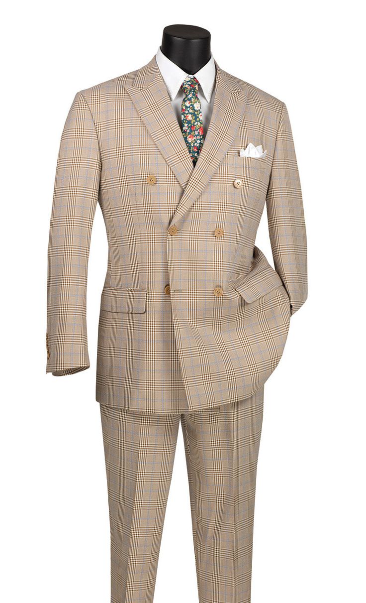 Alexander Collection - Beige Double Breasted 2 Piece Suit Regular Fit Tone on Tone Windowpane Darius Iii, Windowpane Suit, Tuxedo Vest, Formal Tuxedo, Bowtie And Suspenders, Suit Collection, Suspenders Set, New Era Hats, 2 Piece Suit